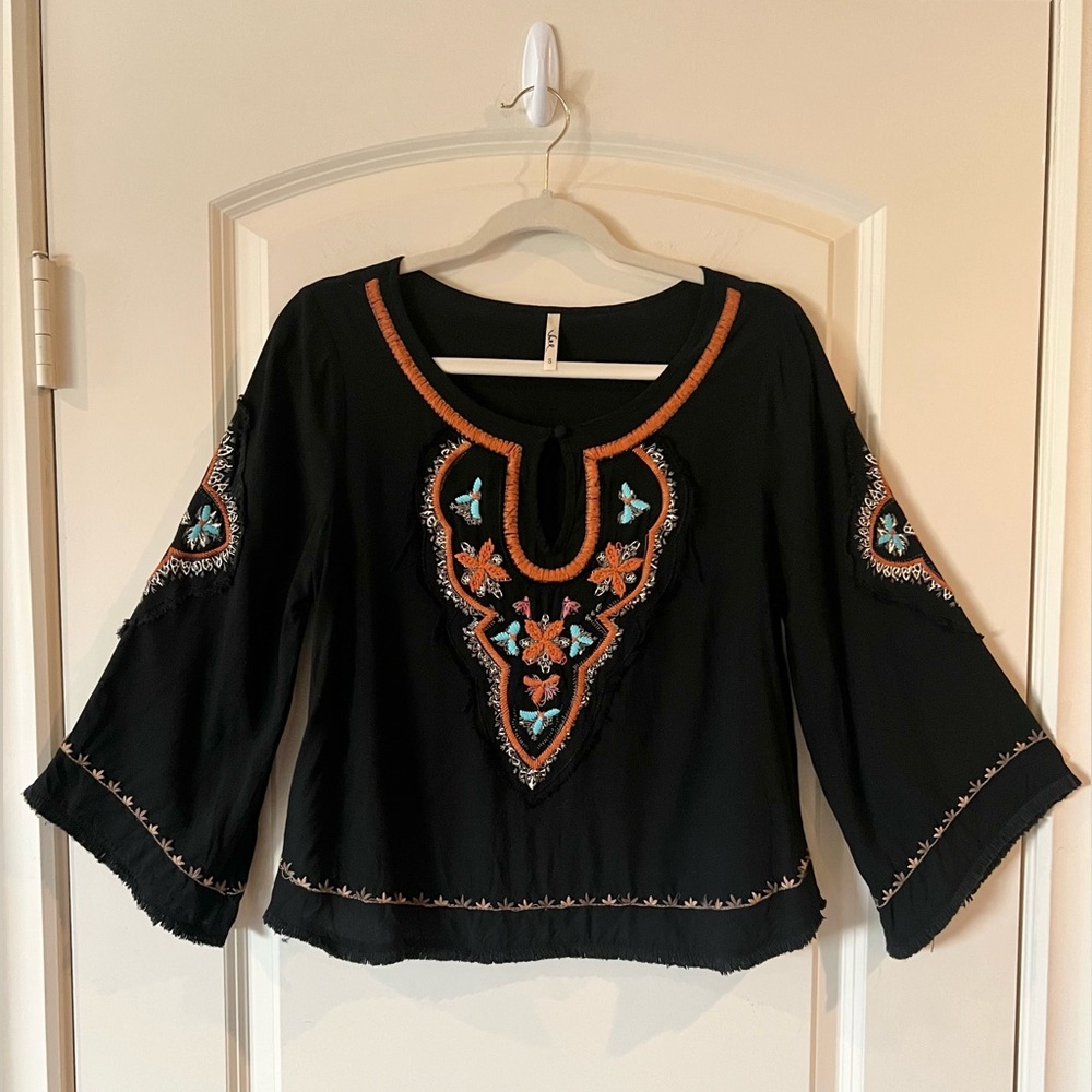 Black Pullover Boho Embroidered Flared Bell Sleeve Peasant style Blouse